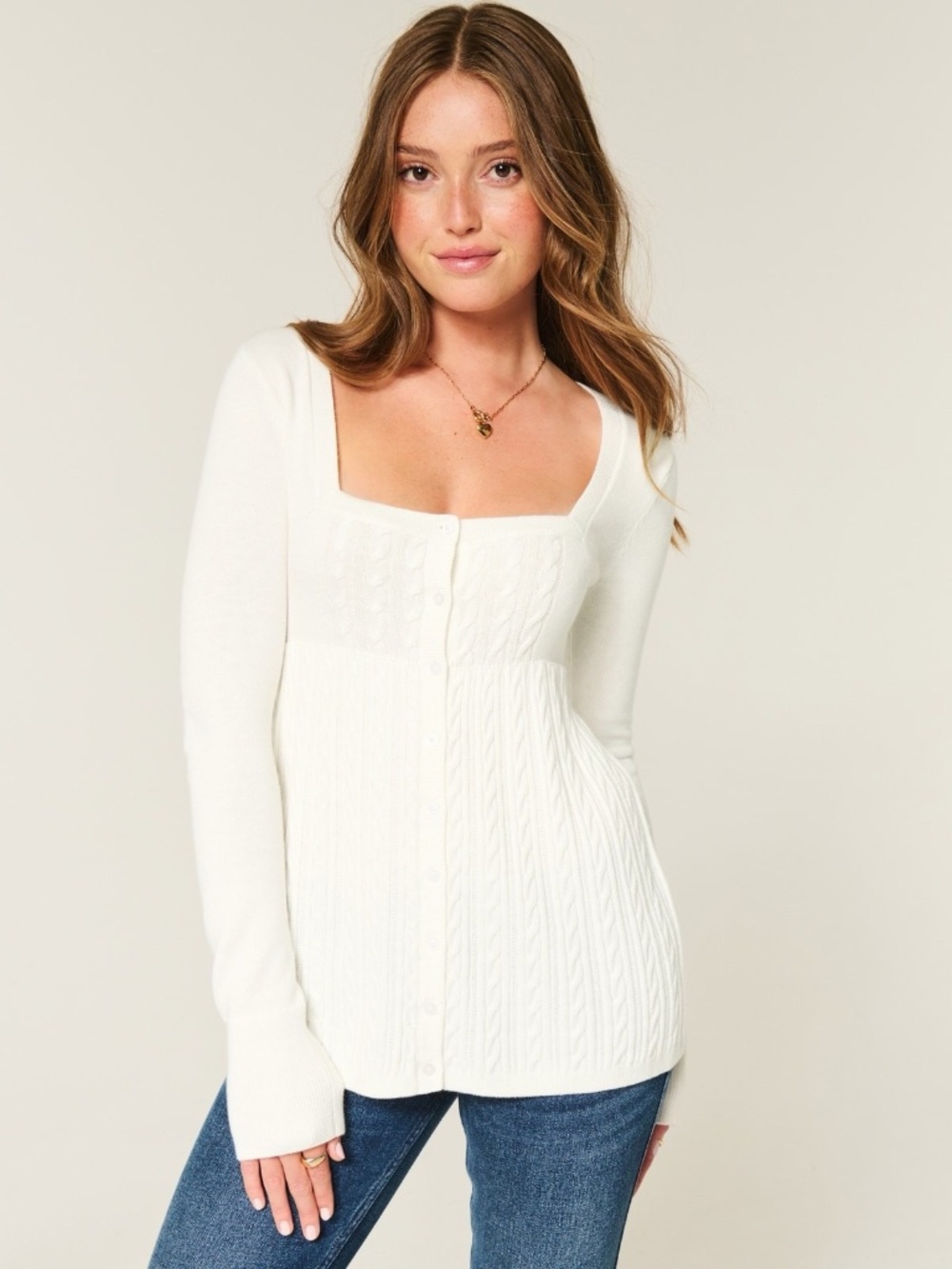 Hollister Co. | White Square Neck Cable Knit Babydoll Sweater Top | Size XS/S